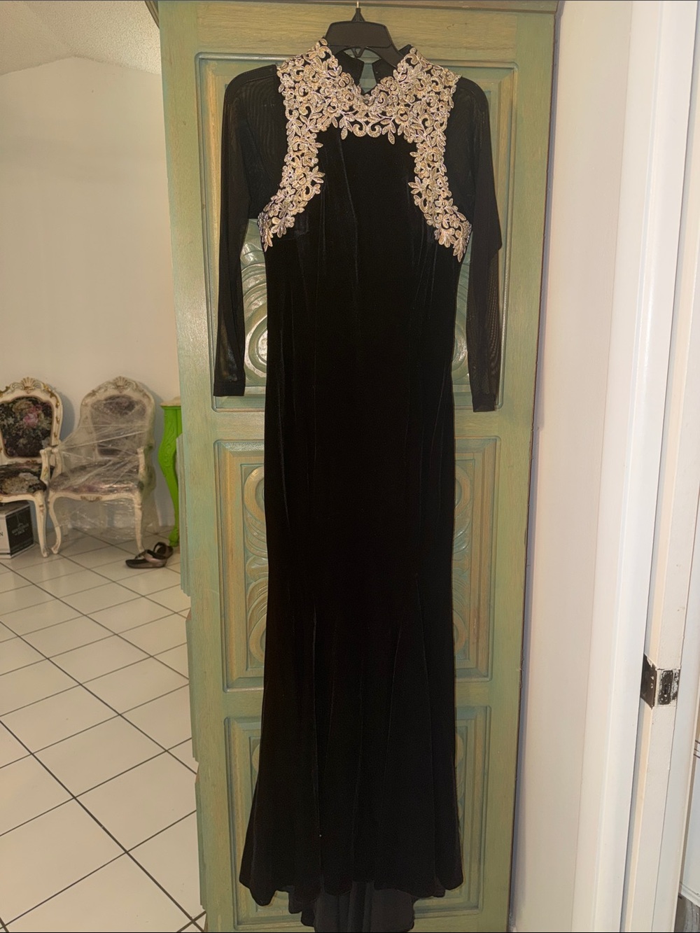 Betsey Adam’s Velvet Long-Sleeve Gown with Gold Applique